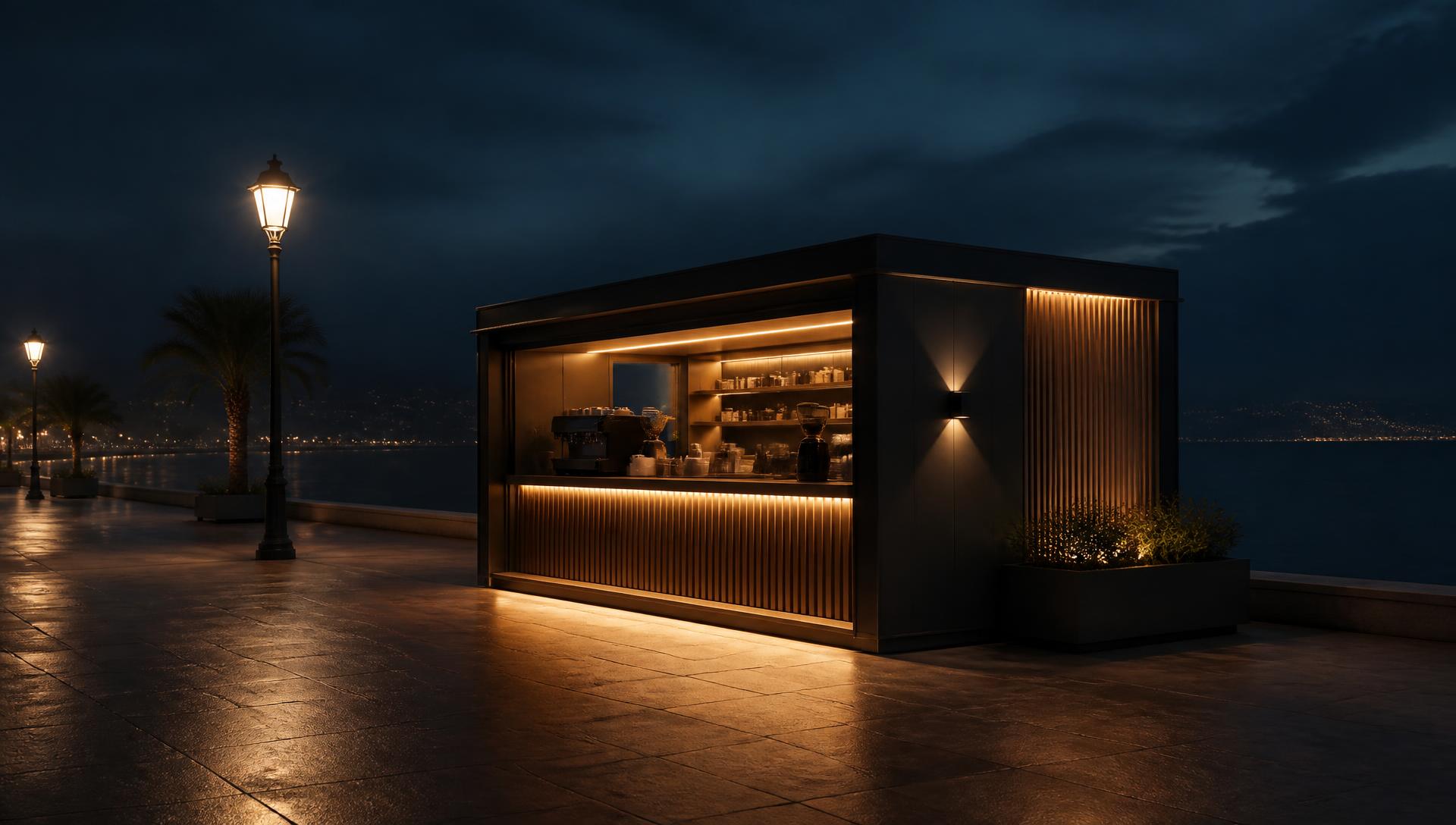 Kiosque personnalisé illuminé la nuit sur une promenade, concept KIOSPHERE